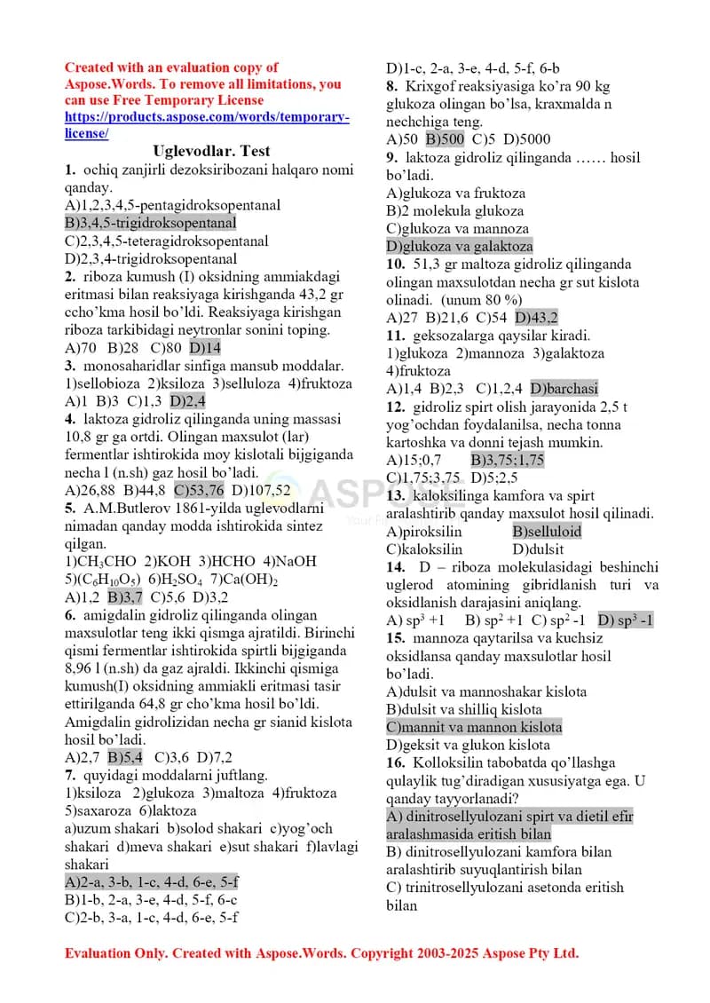 Uglevodlar. Test