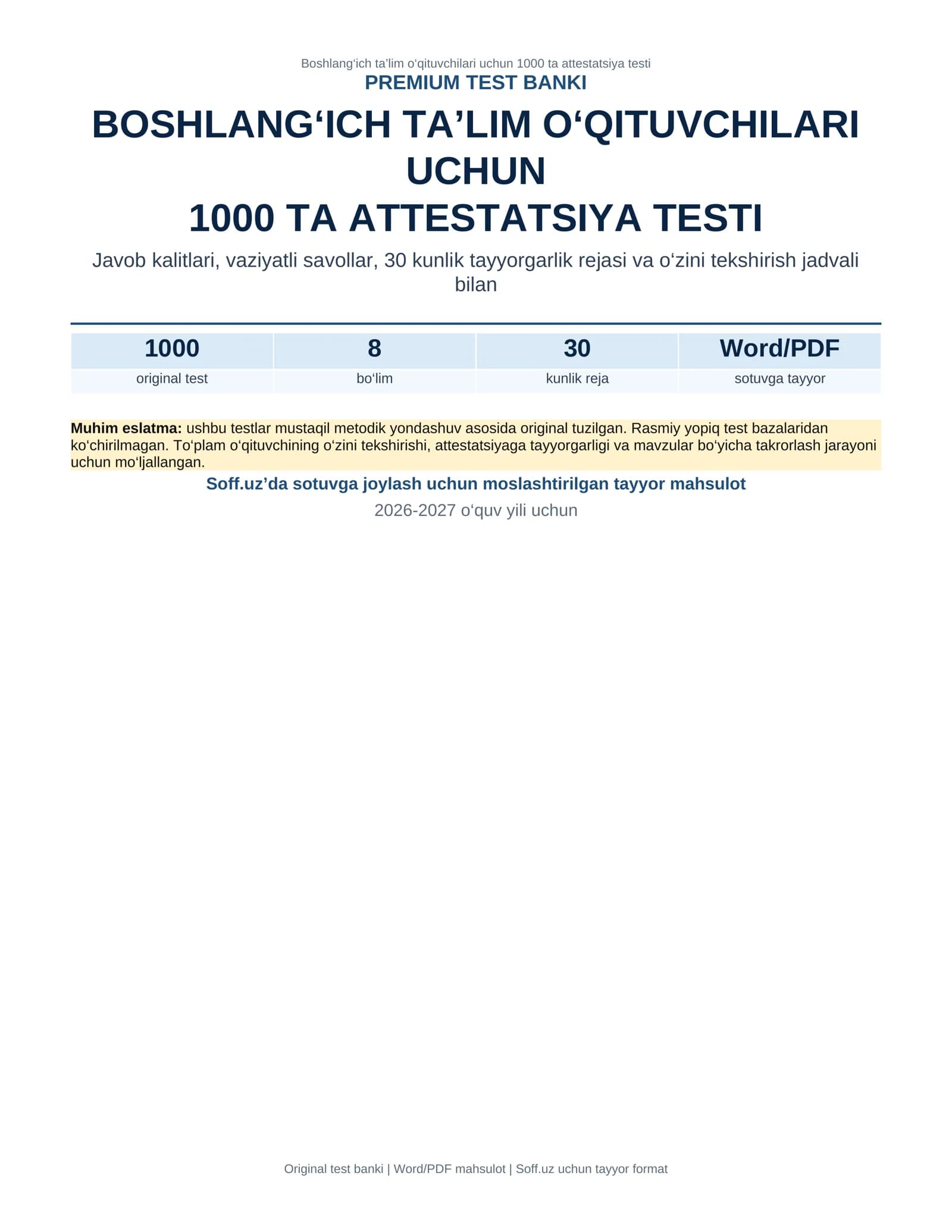 Boshlang‘ich ta’lim o‘qituvchilari uchun 1000 ta attestatsiya testi