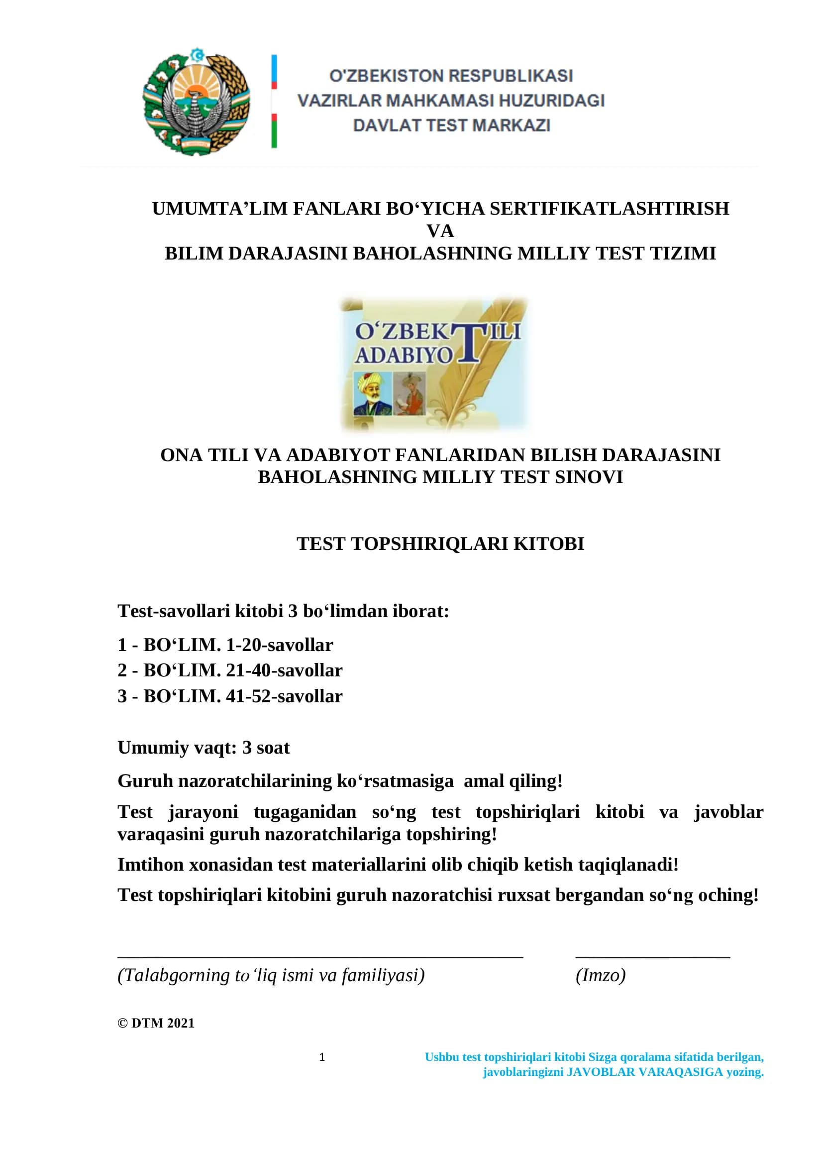Ona tili Test Topshiriqlari Kitobi