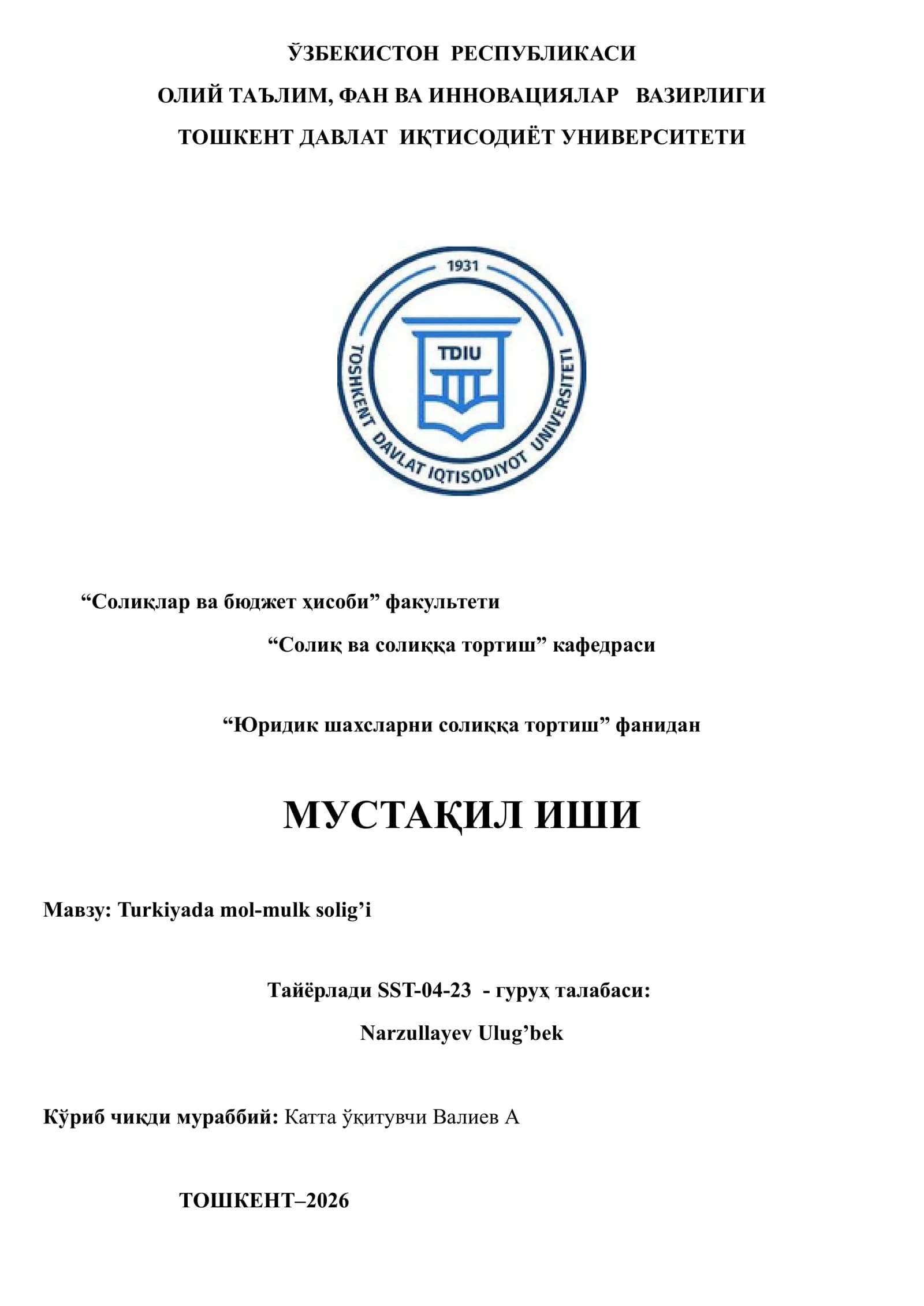Turkiyada mol-mulk solig’i