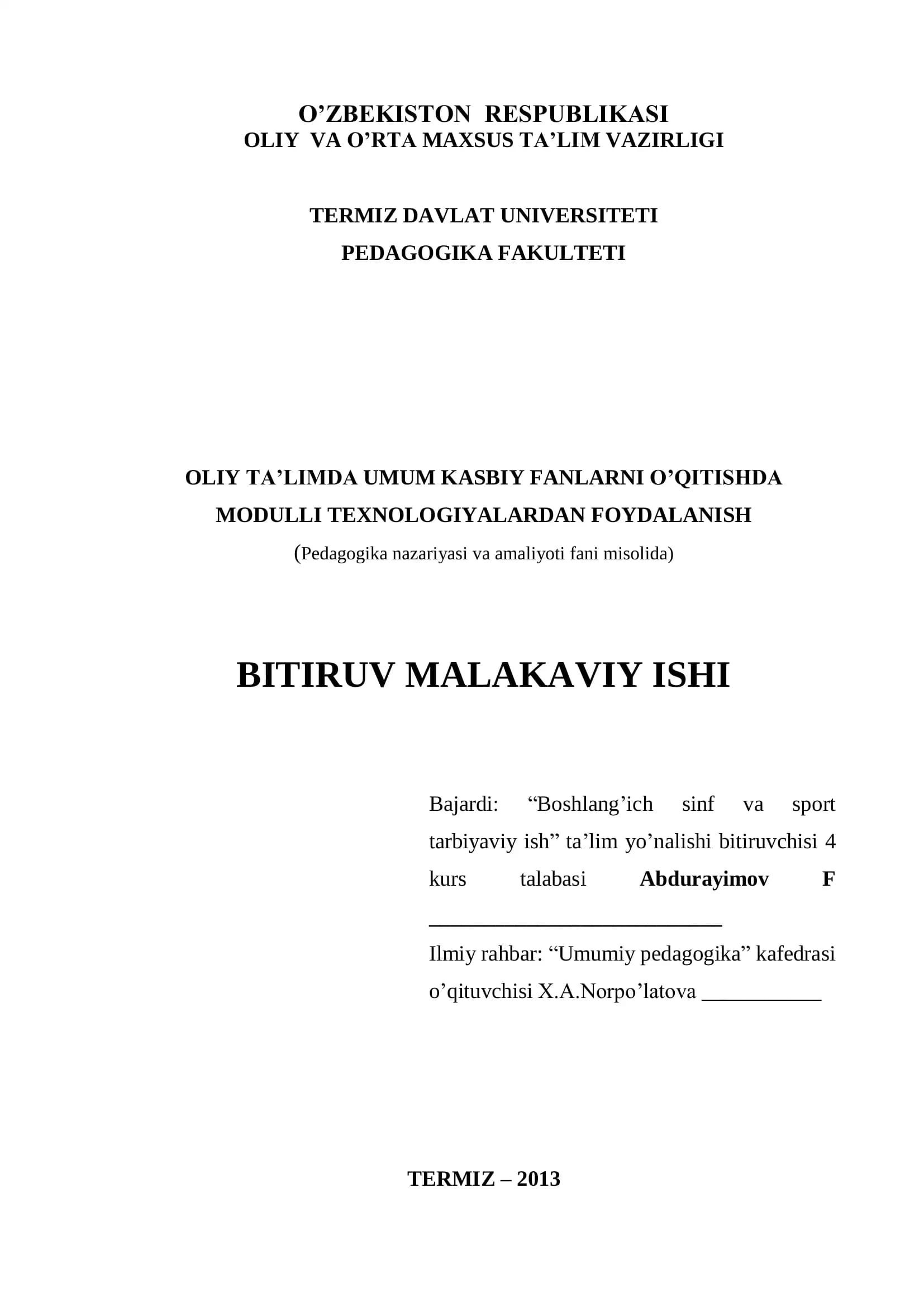 OLIY TA'LIMDA UMUM KASBIY FANLARNI O’QITISHDA MODULLI TEXNOLOGIYALARDAN FOYDALANISH