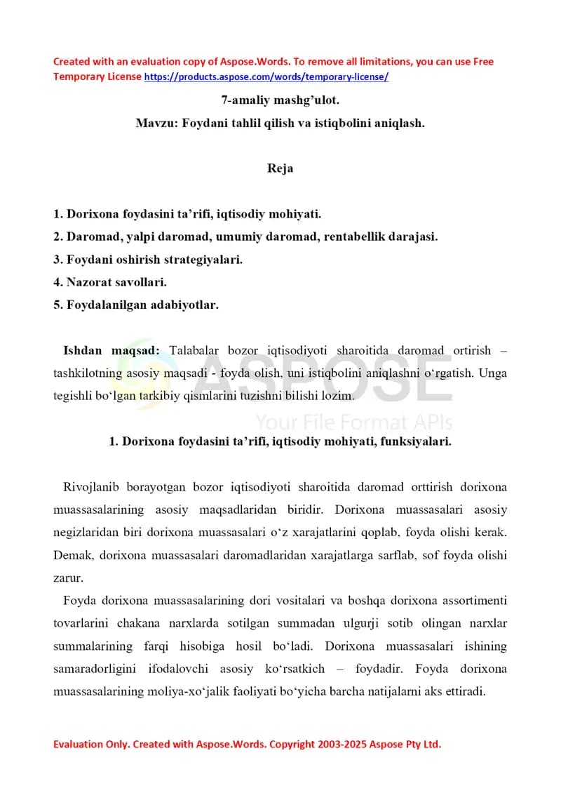 Foydani tahlil qilish va istiqbolini aniqlash. 7-amaliy mashg’ulot.  8 bet.