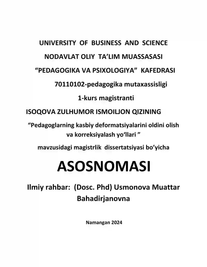 Pedagoglarning kasbiy deformatsiyalarini oldini olish va korreksiyalash yoʻllari