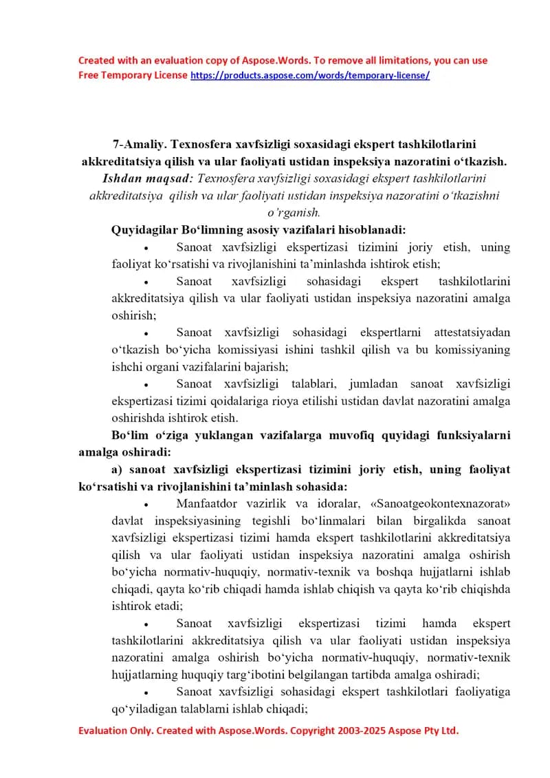 Ekspert tashkilotlarini akkreditatsiya qilish va ular faoliyati ustidan inspeksiya nazoratini o‘tkazish