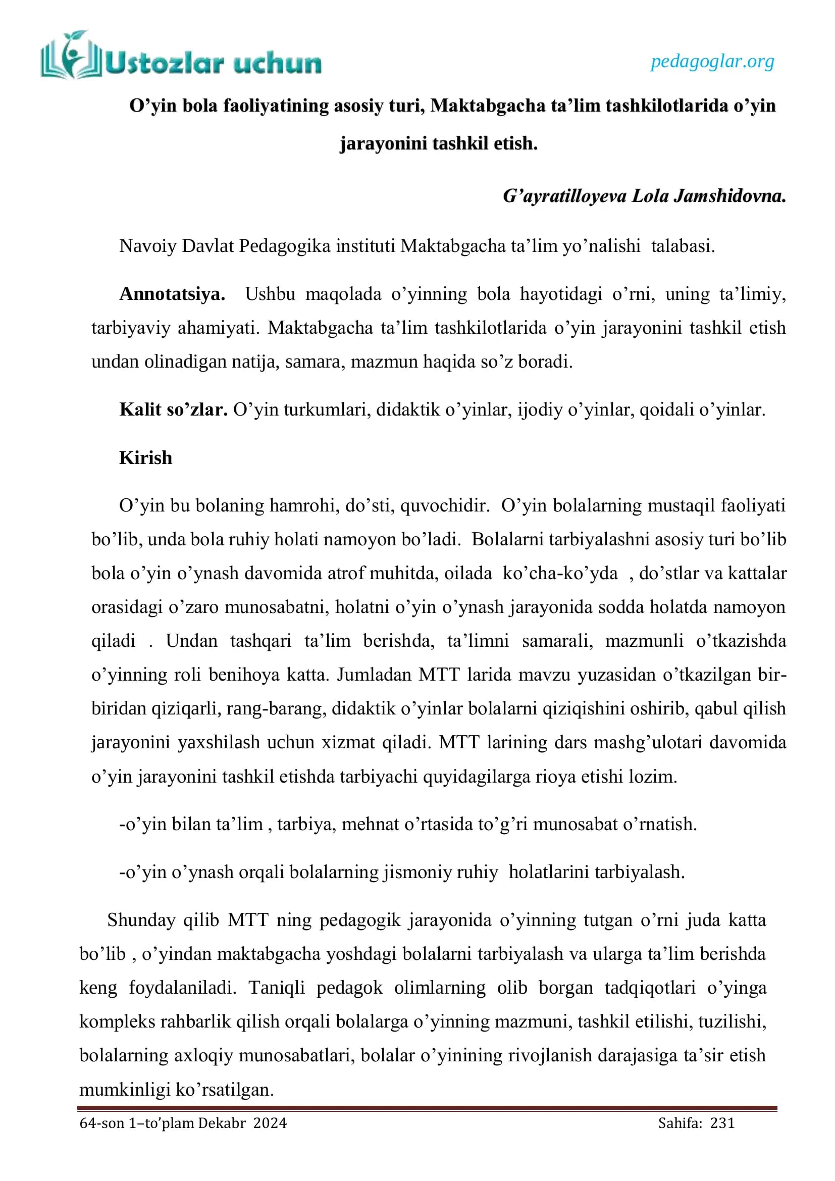 O'yin bola faoliyatining asosiy turi, Maktabgacha ta'lim tashkilotlarida o'yin jarayonini tashkil etish