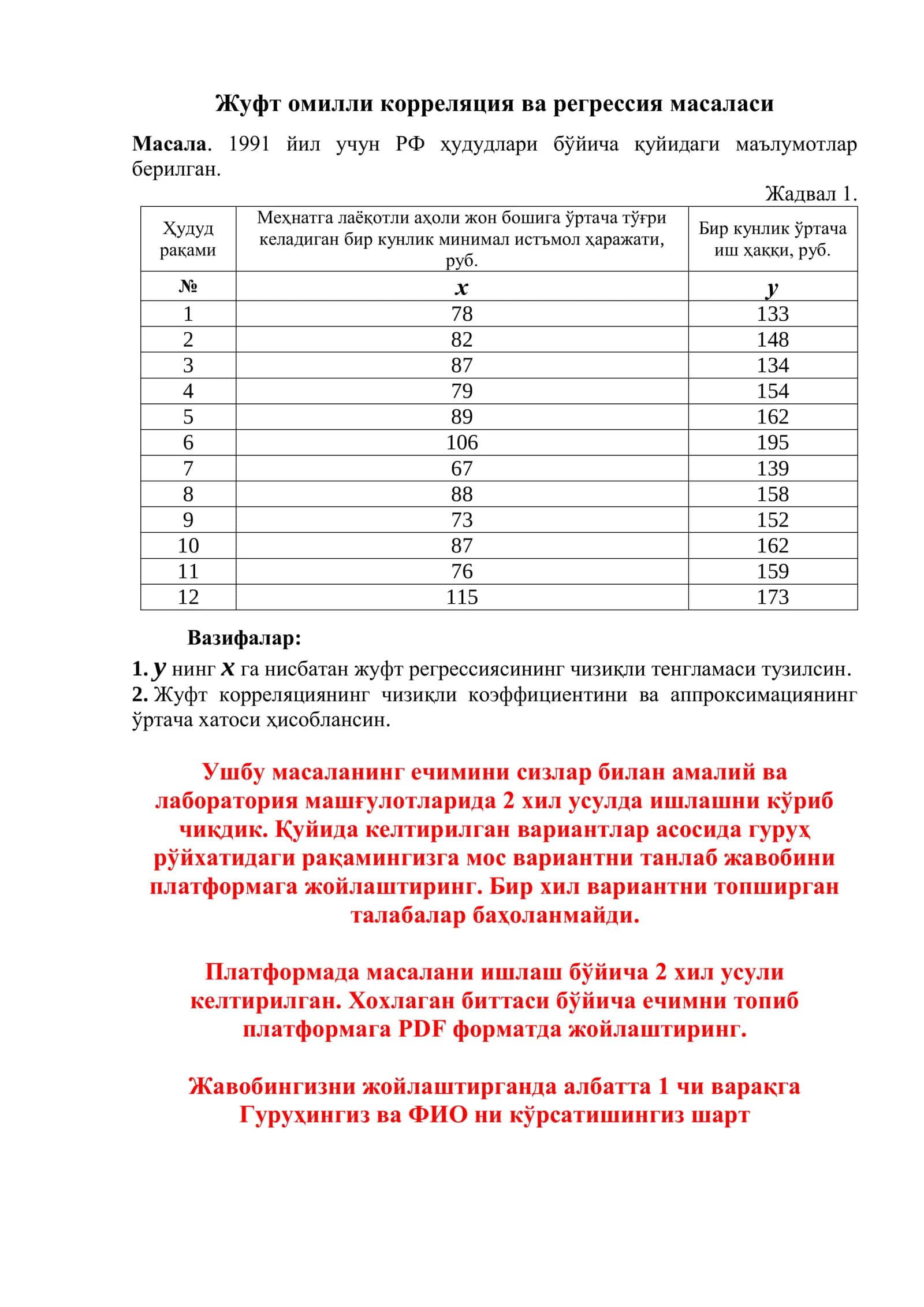 Жуфт омилли корреляция ва регрессия масаласи