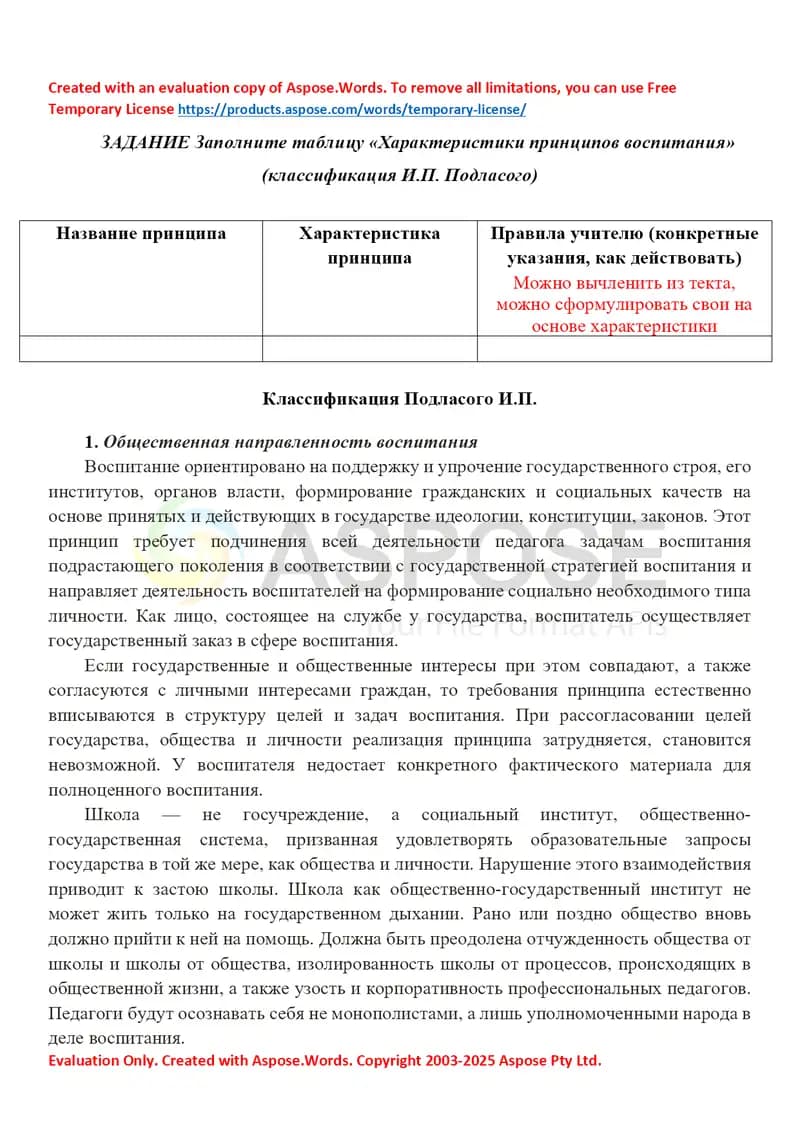 Характеристики принципов воспитания (классификация И.П. Подласого)