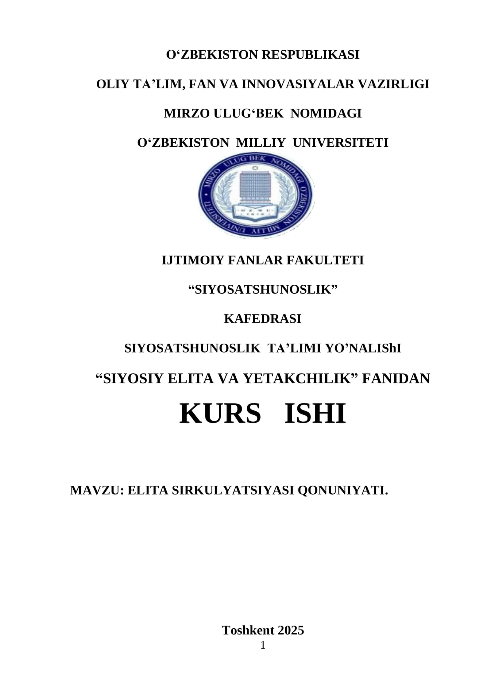 ELITA SIRKULYATSIYASI QONUNIYATI