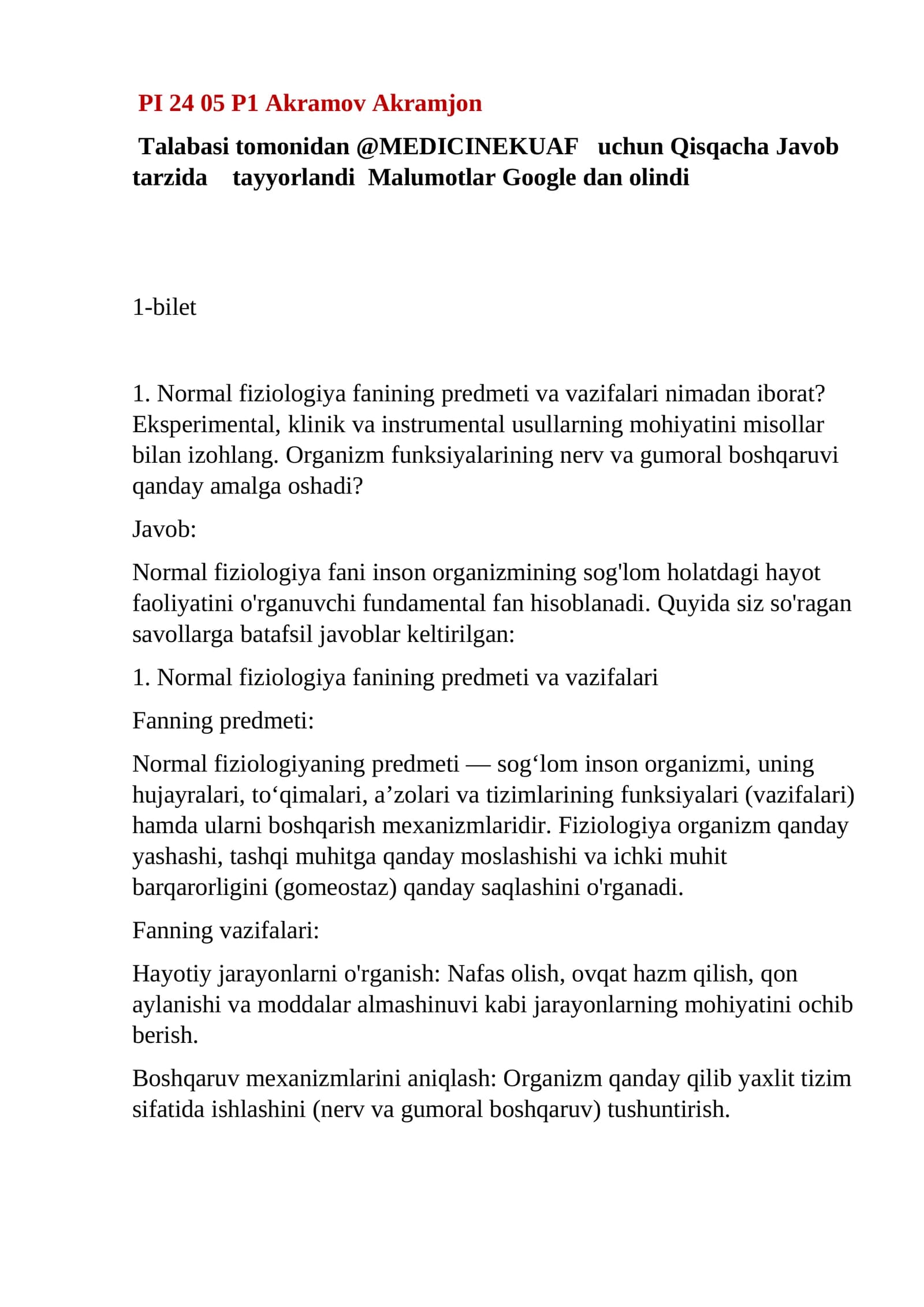 Normal fiziologiya fanining predmeti va vazifalari