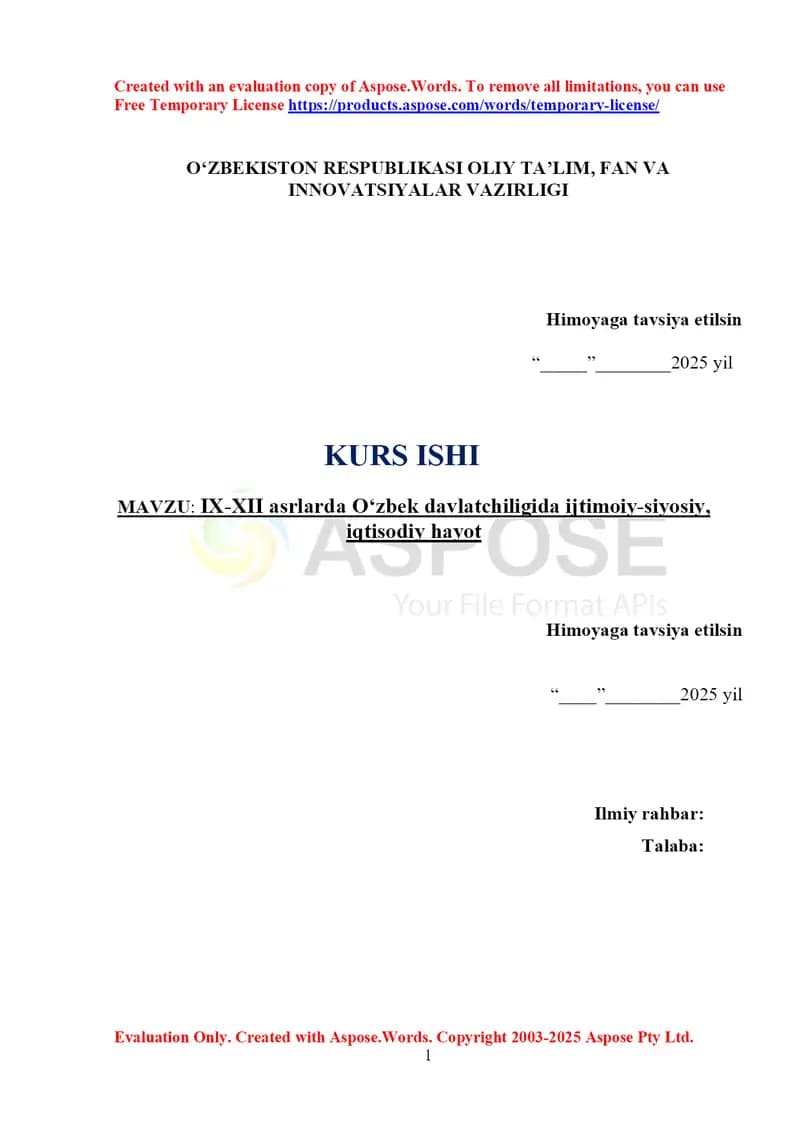 IX-XII Asrlarda O'zbek davlatchiligida ijtimoiy-siyosiy, iqtisodiy hayot