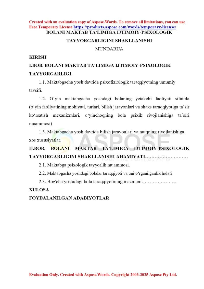 Bolani maktab ta'limiga ijtimoiy-psixologik tayyorgarligini shakllanishi