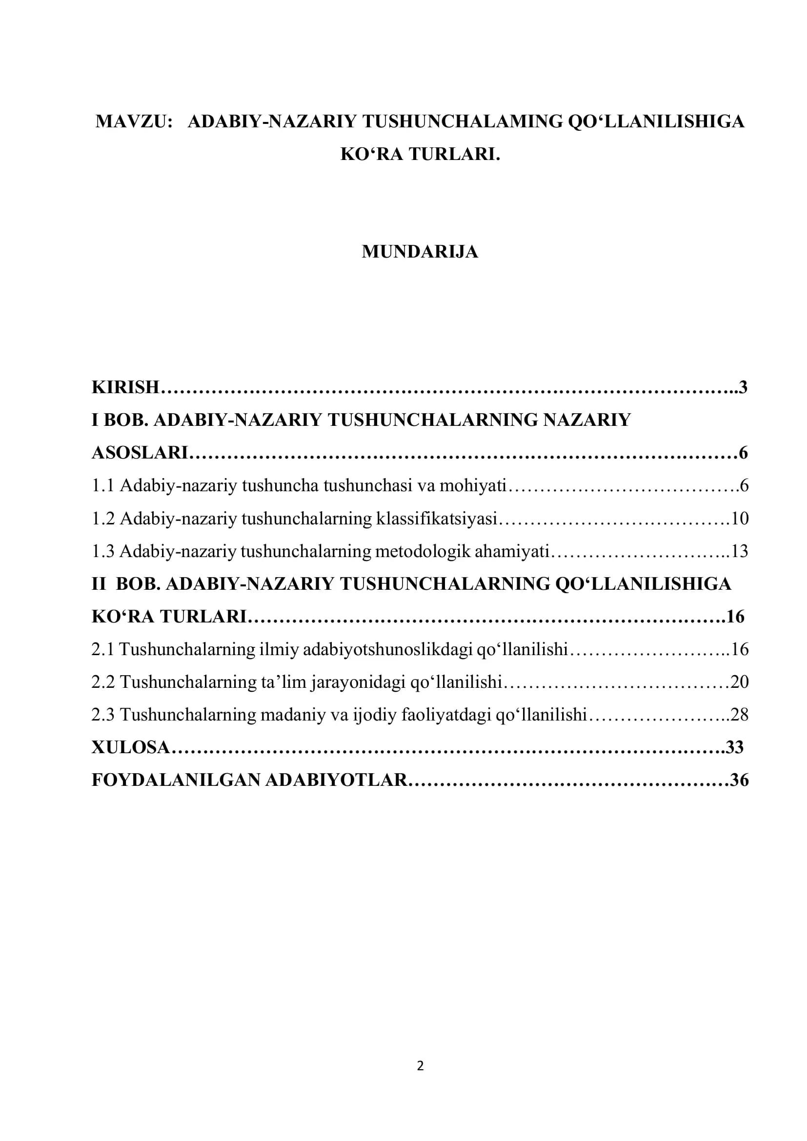 ADABIY-NAZARIY TUSHUNCHALAMING QO‘LLANILISHIGA KO‘RA TURLARI