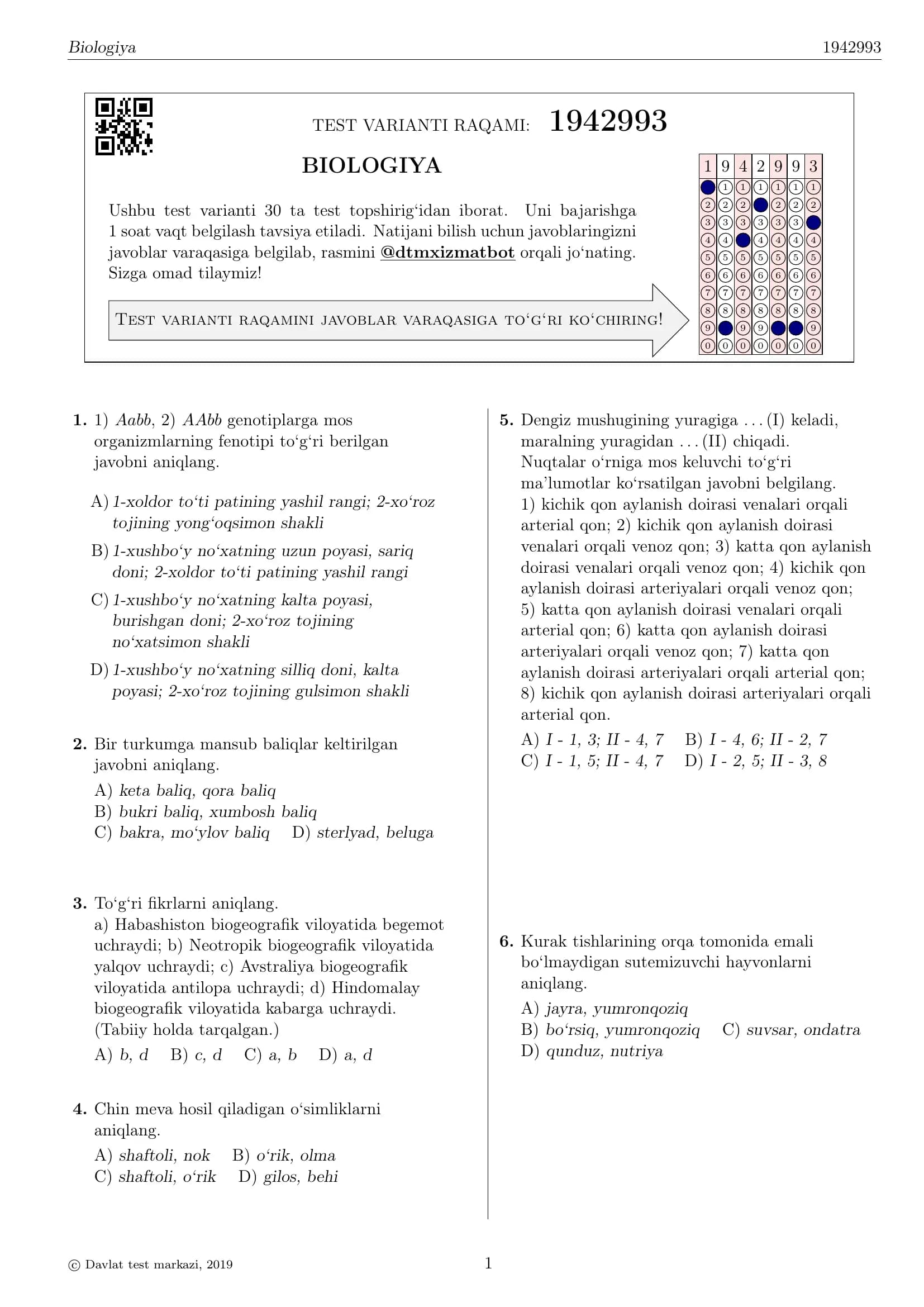 BIOLOGIYA TEST VARIANTI