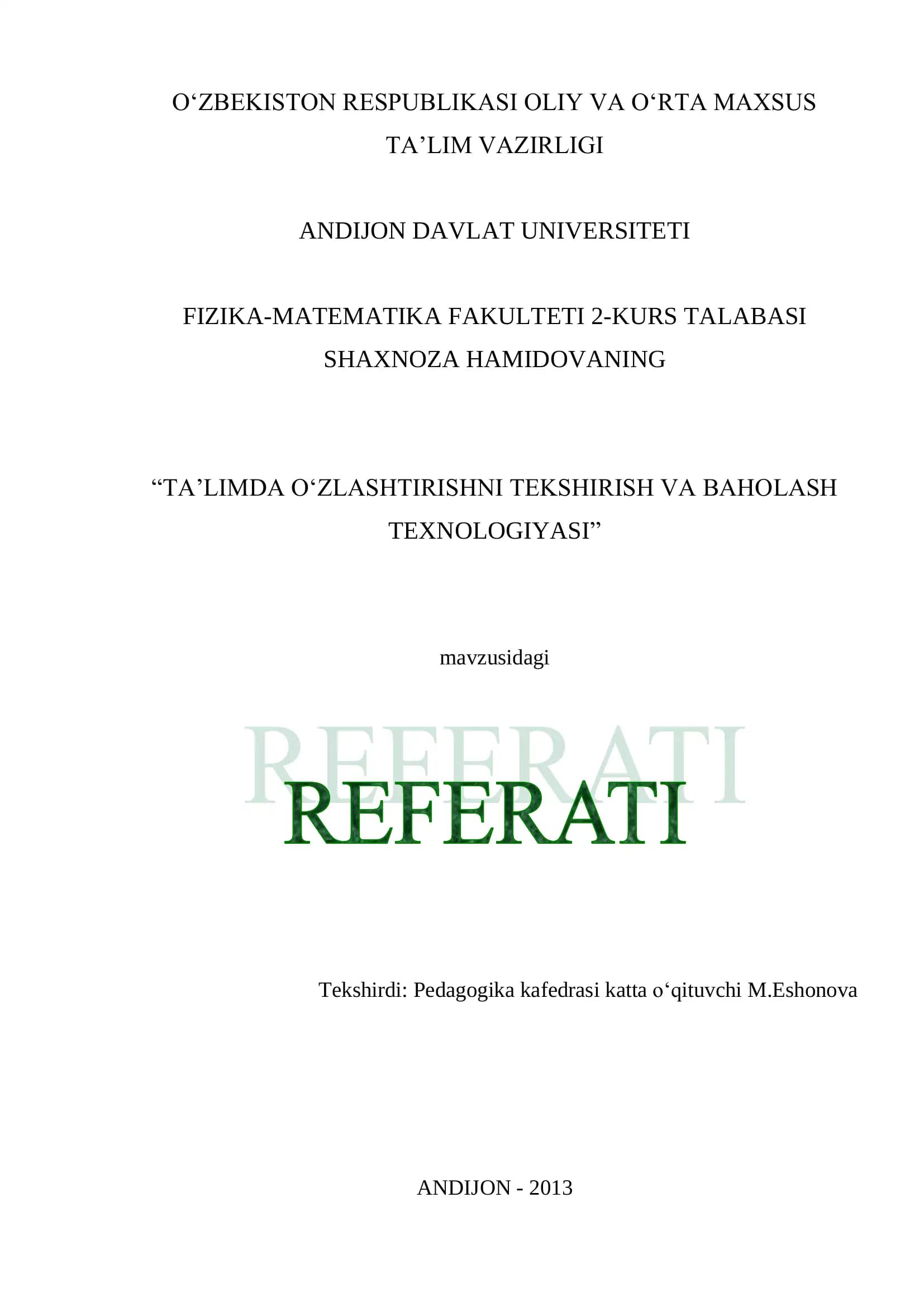 TA’LIMDA O`ZLASHTIRISHNI TEKSHIRISH VA BAHOLASH TEXNOLOGIYASI