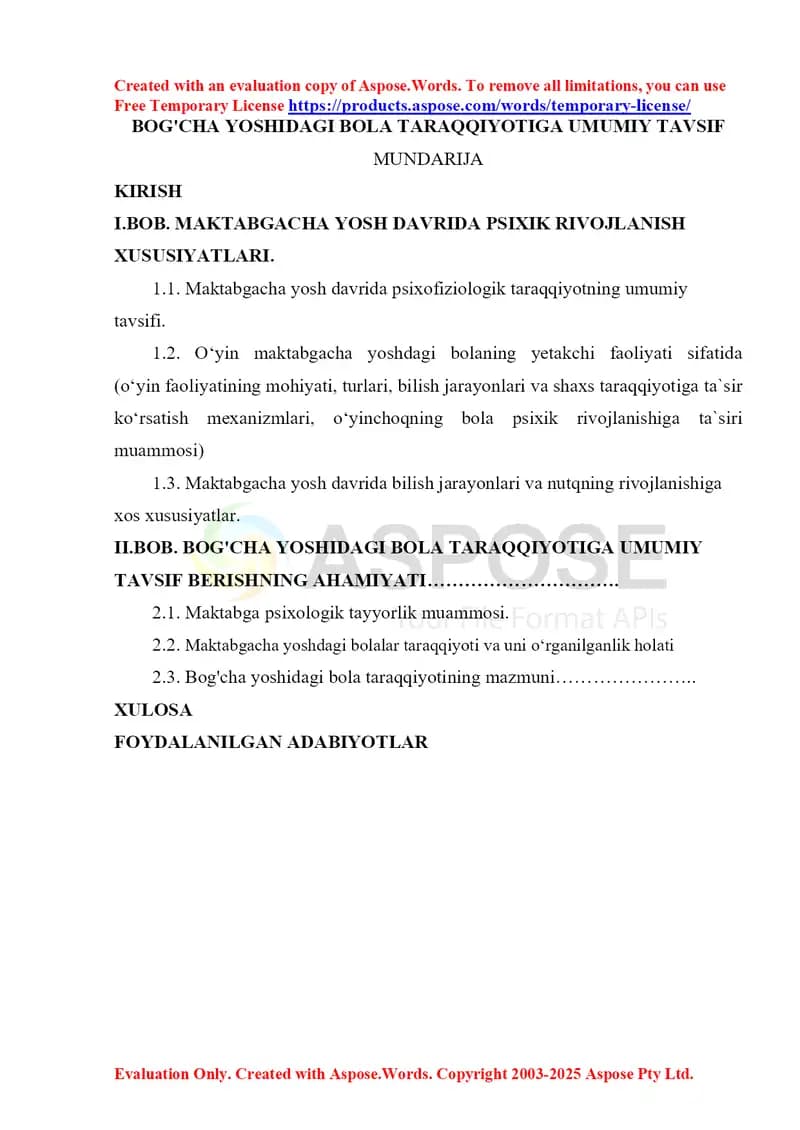 Kurs ishi: Bog‘cha yoshidagi bola taraqqiyotini umumiy tavsif
