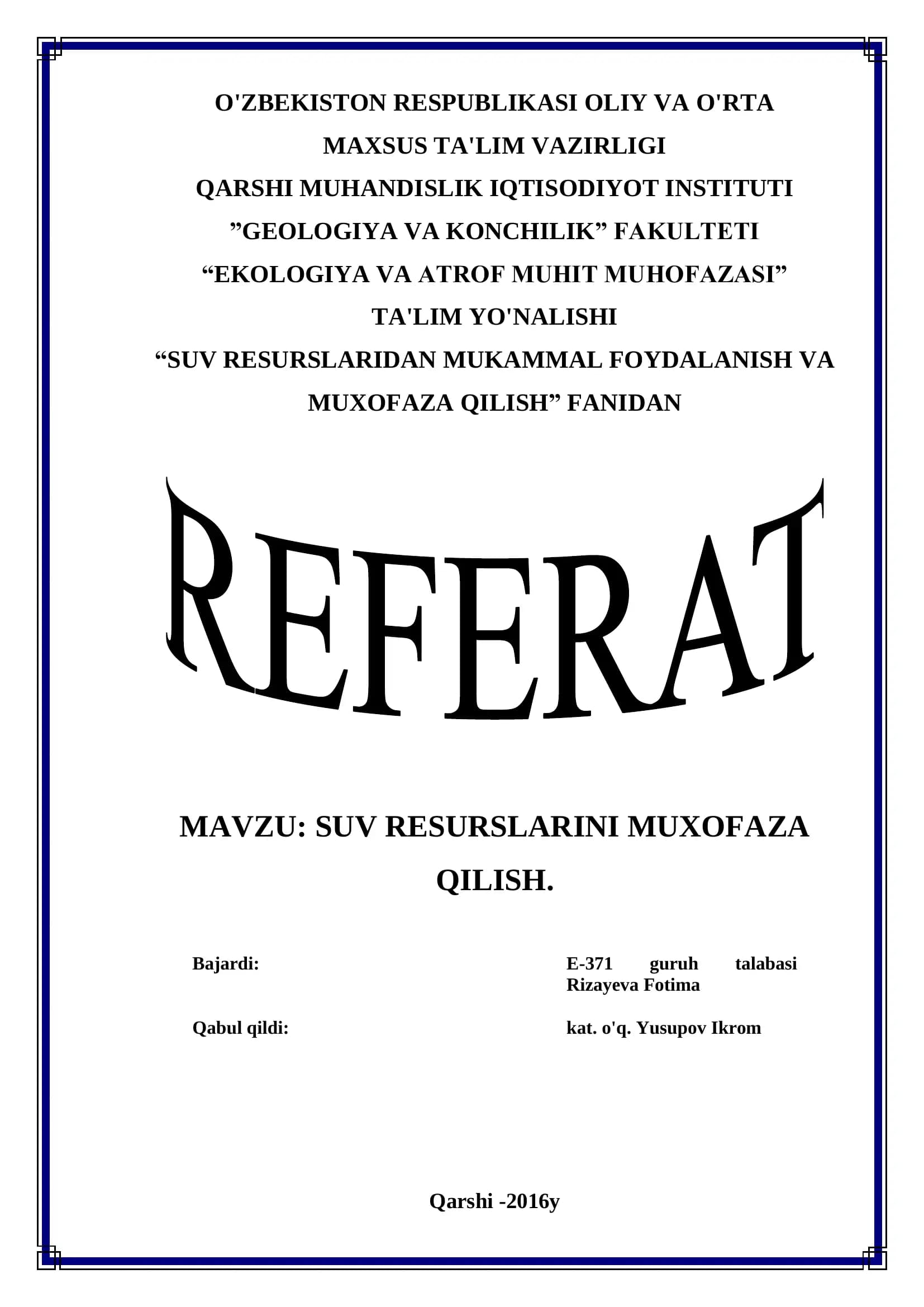 SUV RESURSLARINI MUHOFAZA QILISH