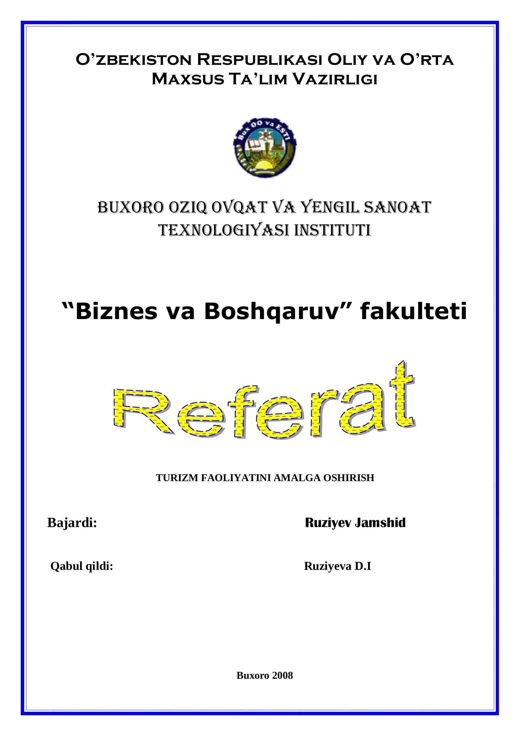 TURIZM FAOLIYATINI AMALGA OSHIRISH