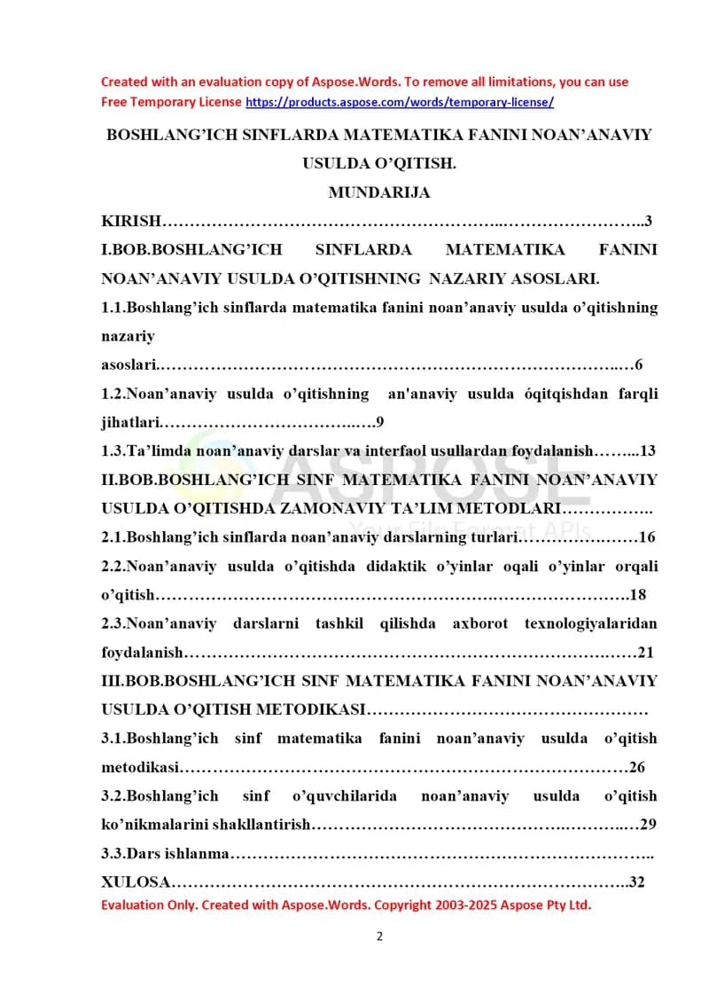 Boshlang’ich sinflarda matematika fanini noan’anaviy usulda o‘qitish
