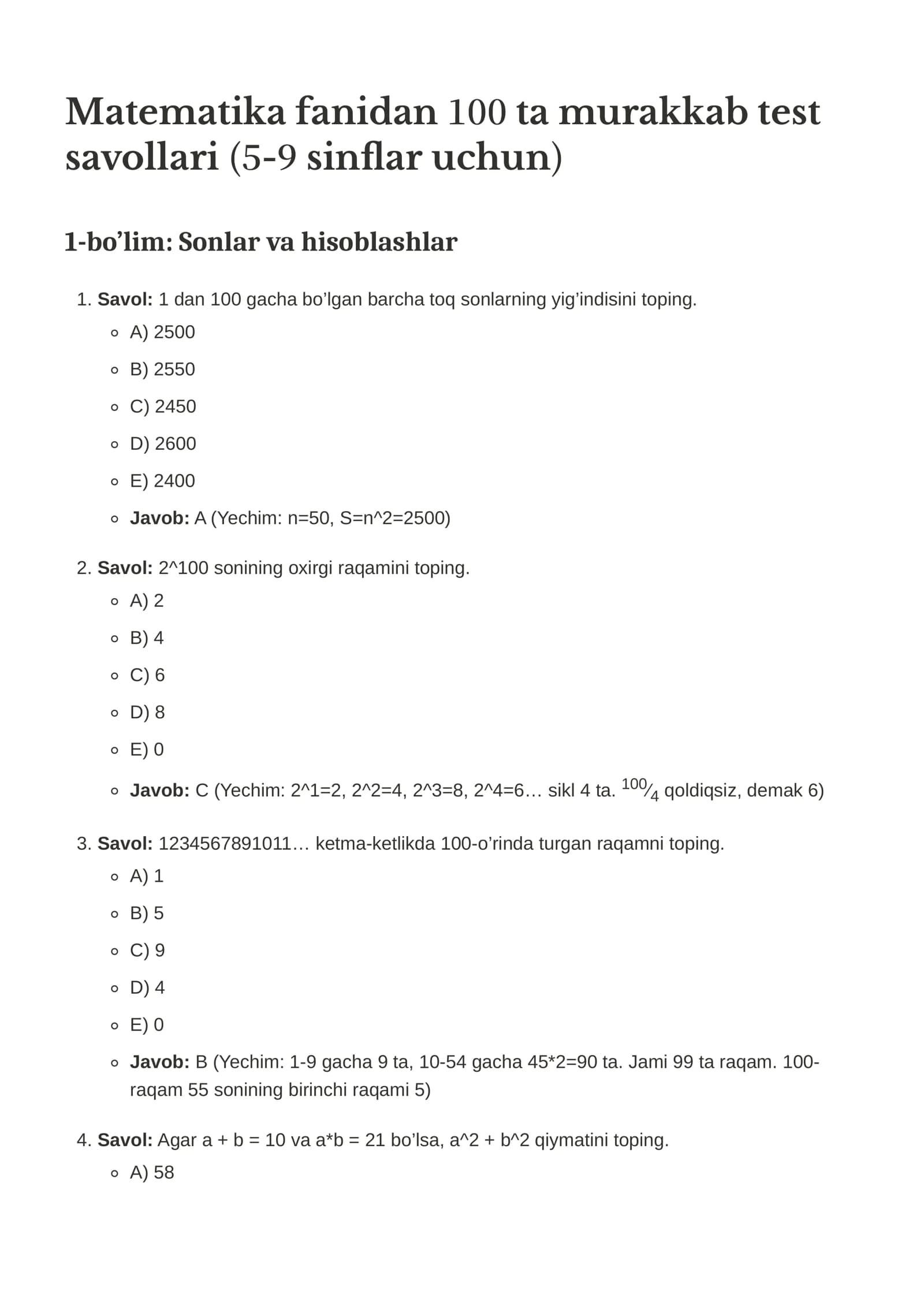 100 ta murakkab test savollari