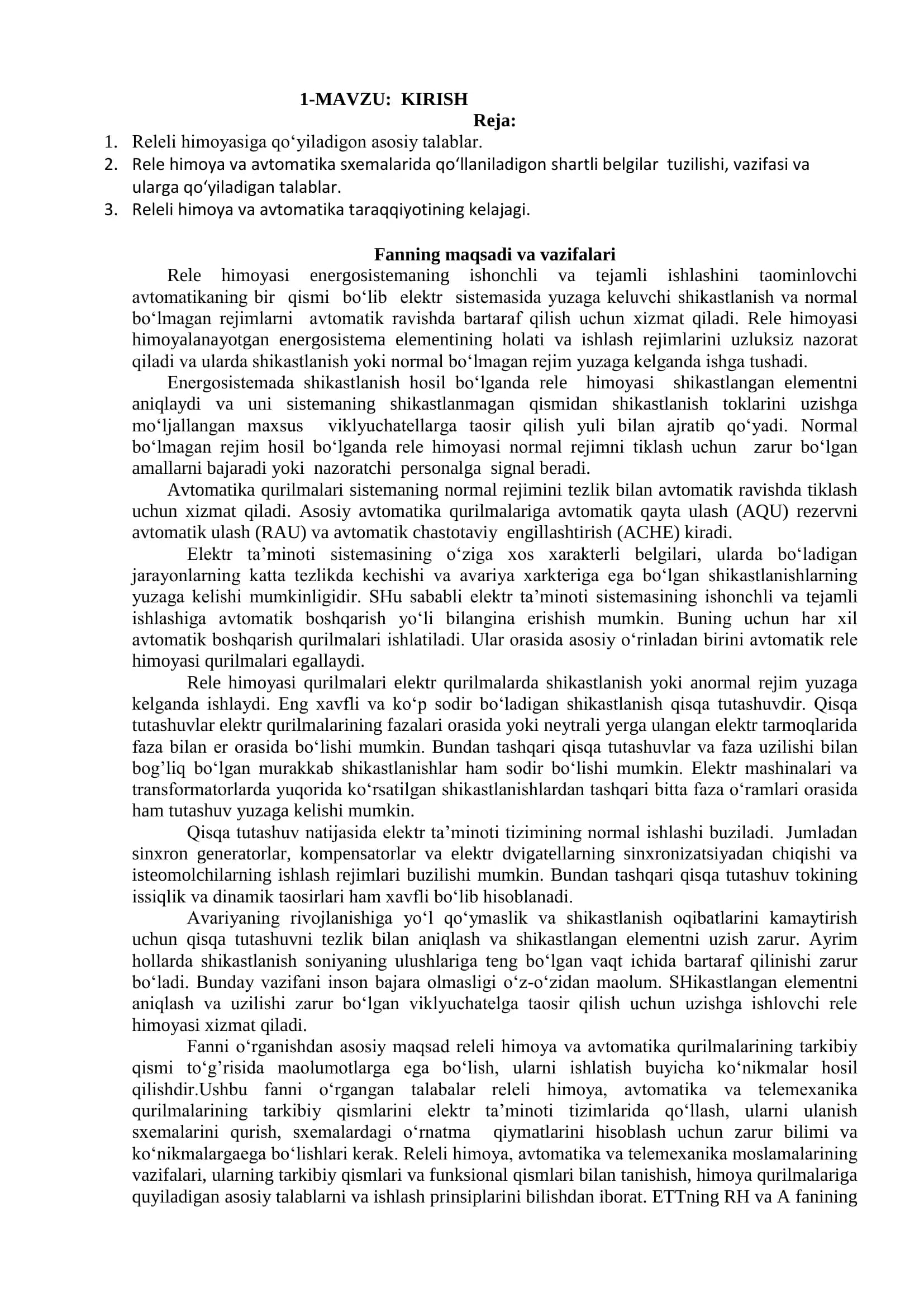 Releli himoya va avtomatika