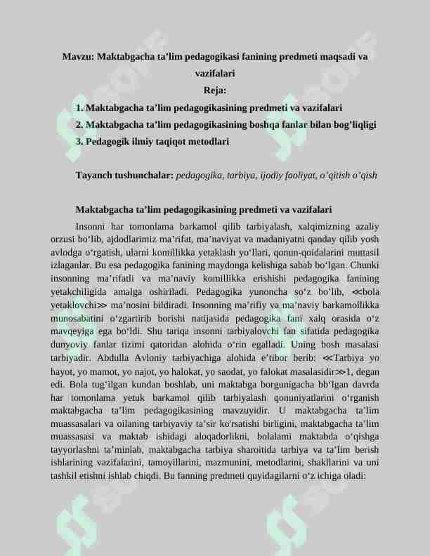 Maktabgacha ta'lim pedagogikasi fanining predmeti maqsadi va vazifalari
