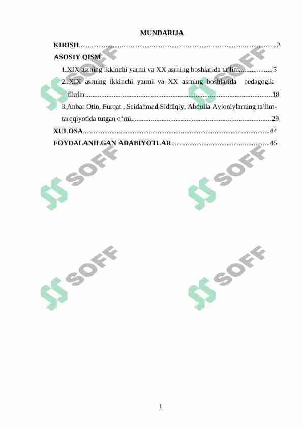 XIX asrning ikkinchi yarmi va XX asr boshlarida ta'lim va pedagogik fikrlar (Anbar otin, Furqat, Saidahmad Siddiqiy, Abdulla Avloniylarning ta'lim-tarbiya taraqqiyotida tutgan o'rni)