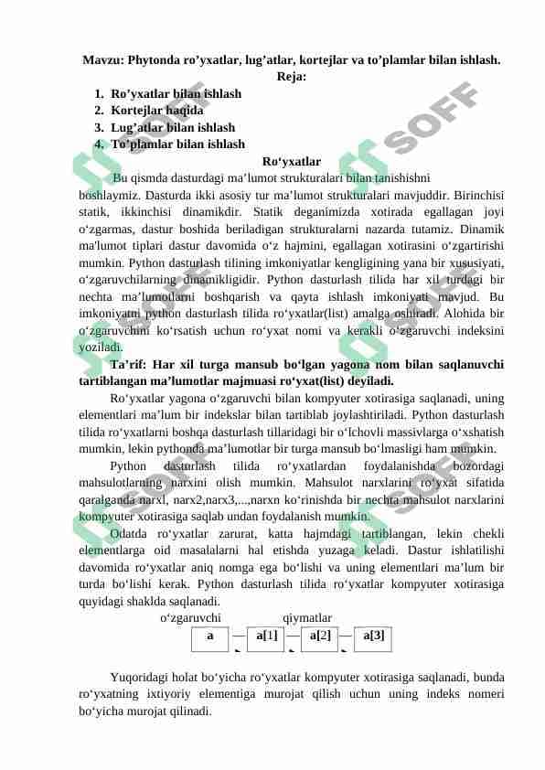 phytonda ro'yxat, kortej, lug'at to'plamlar bilan ishlash