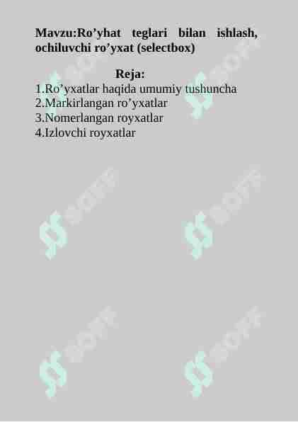Ro’yhat teglari bilan ishlash, ochiluvchi ro’yxat (selectbox)
