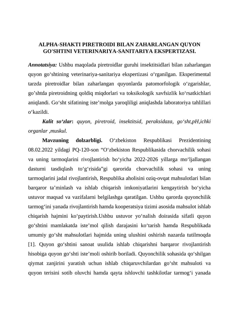 Alpha-Shakti Piretroidi bilan Zaharlangan Quyon Go'shtini Veterinariya-Sanitariya Ekspertizasi