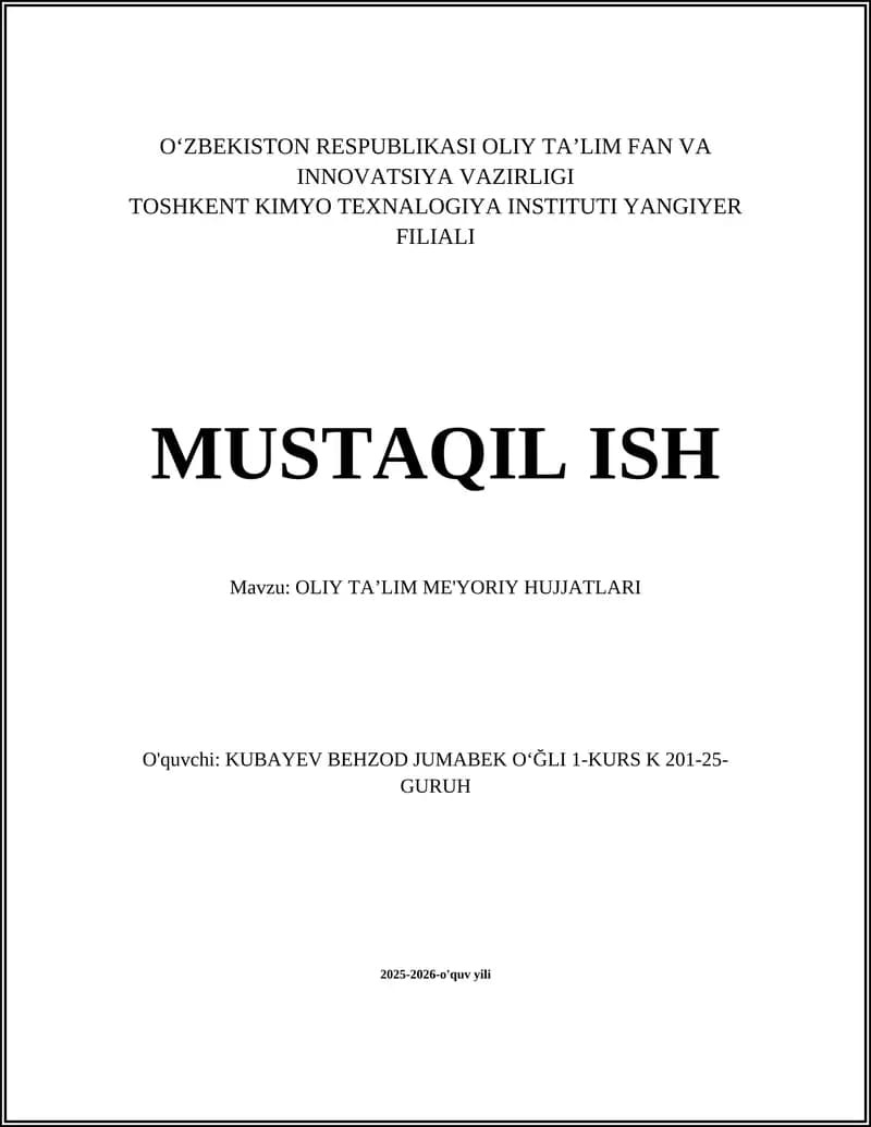 OLIY TA'LIM ME'YORIY HUJJATLARI