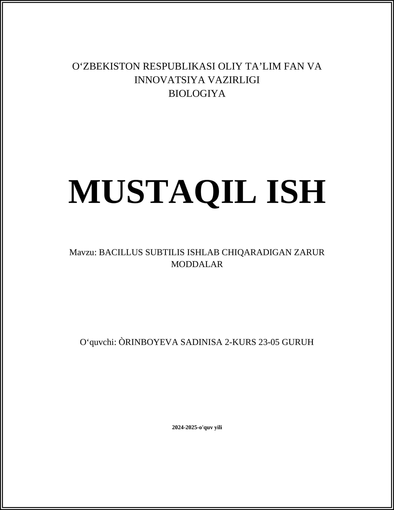 BACILLUS SUBTILIS ISHLAB CHIQARADIGAN ZARUR MODDALAR