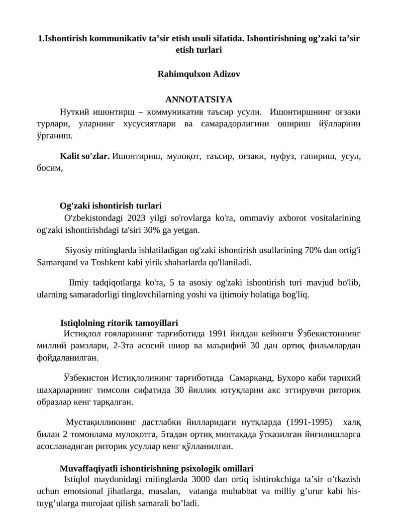 Ishontirish kommunikativ ta’sir etish usuli sifatida. Ishontirishning og’zaki ta’sir etish turlari