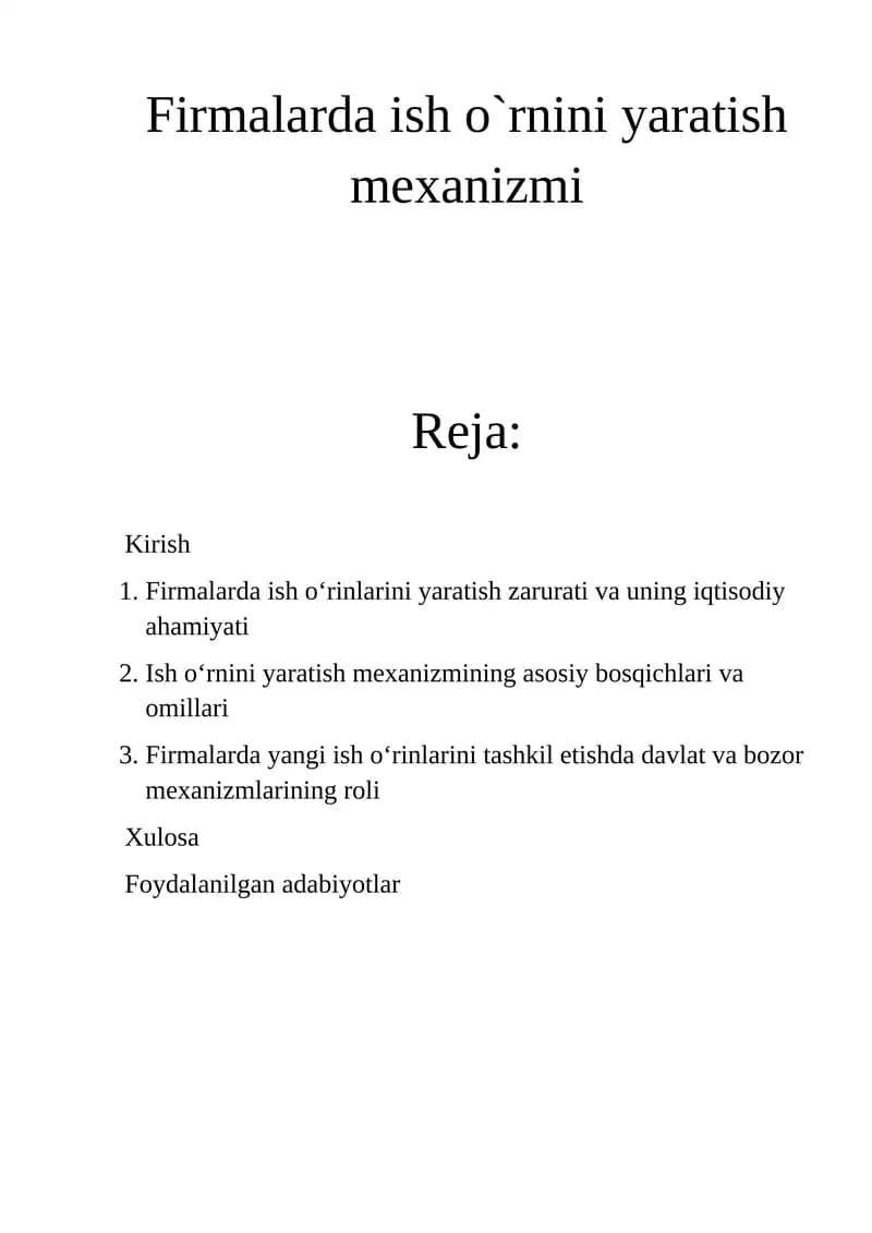 Firmalarda ish o`rnini yaratish mexanizmi