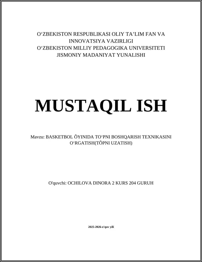 BASKETBOL ÕYINIDA TOʻPNI BOSHQARISH TEXNIKASINI OʻRGATISH(TÕPNI UZATISH)