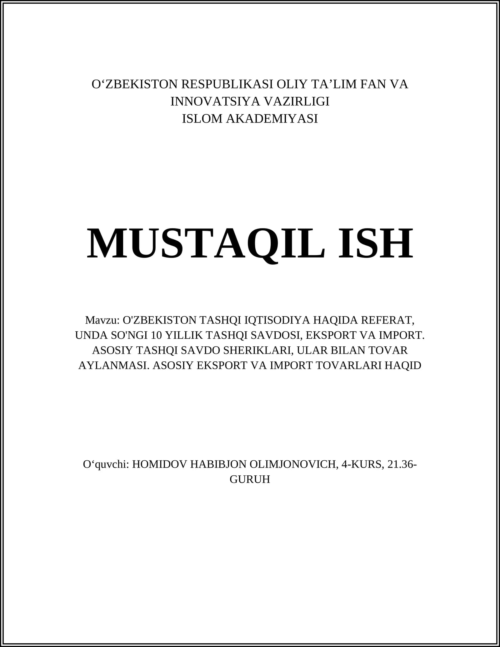 O'ZBEKISTON TASHQI IQTISODIYA HAQIDA REFERAT