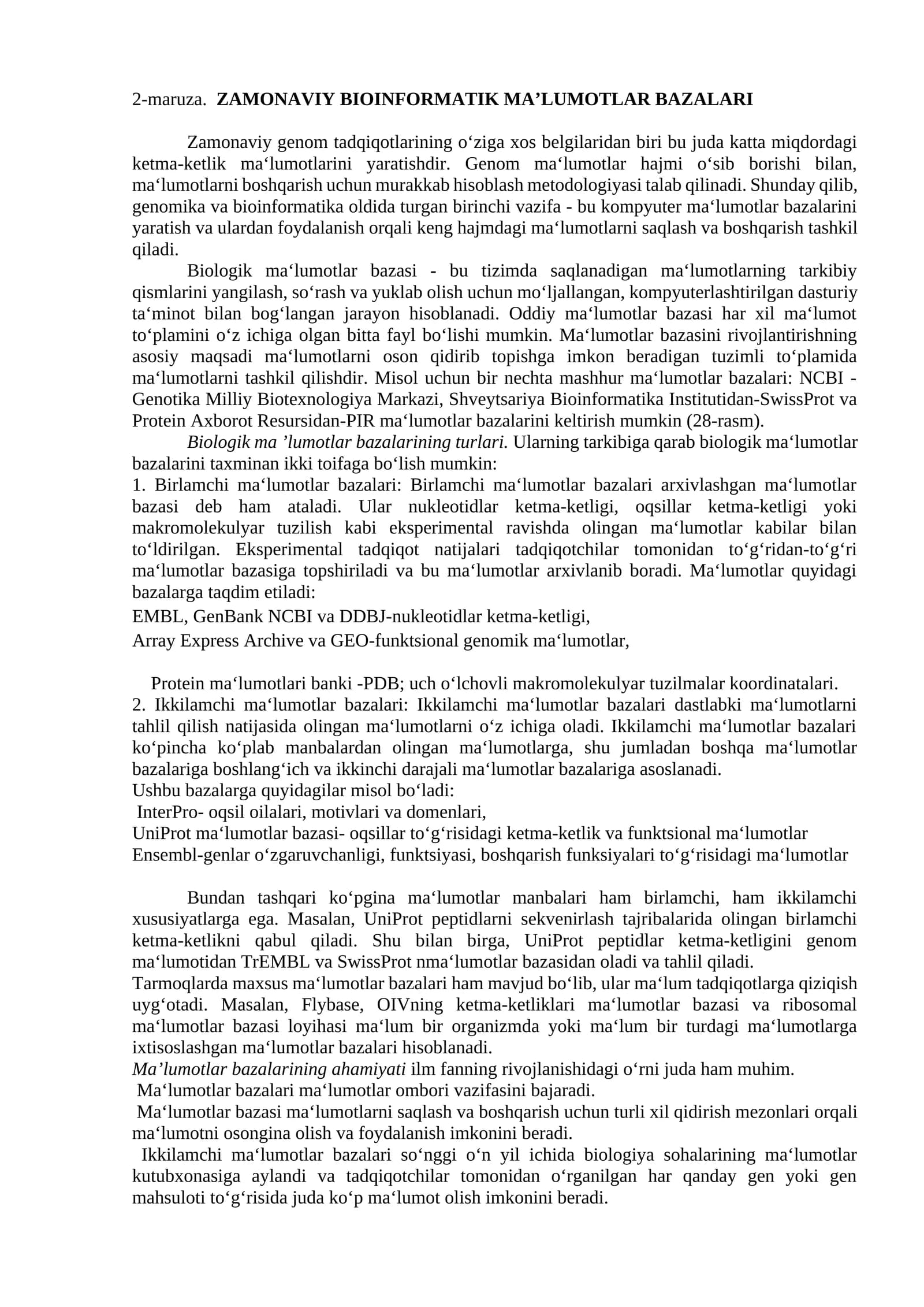 ZAMONAVIY BIOINFORMATIK MA’LUMOTLAR BAZALARI