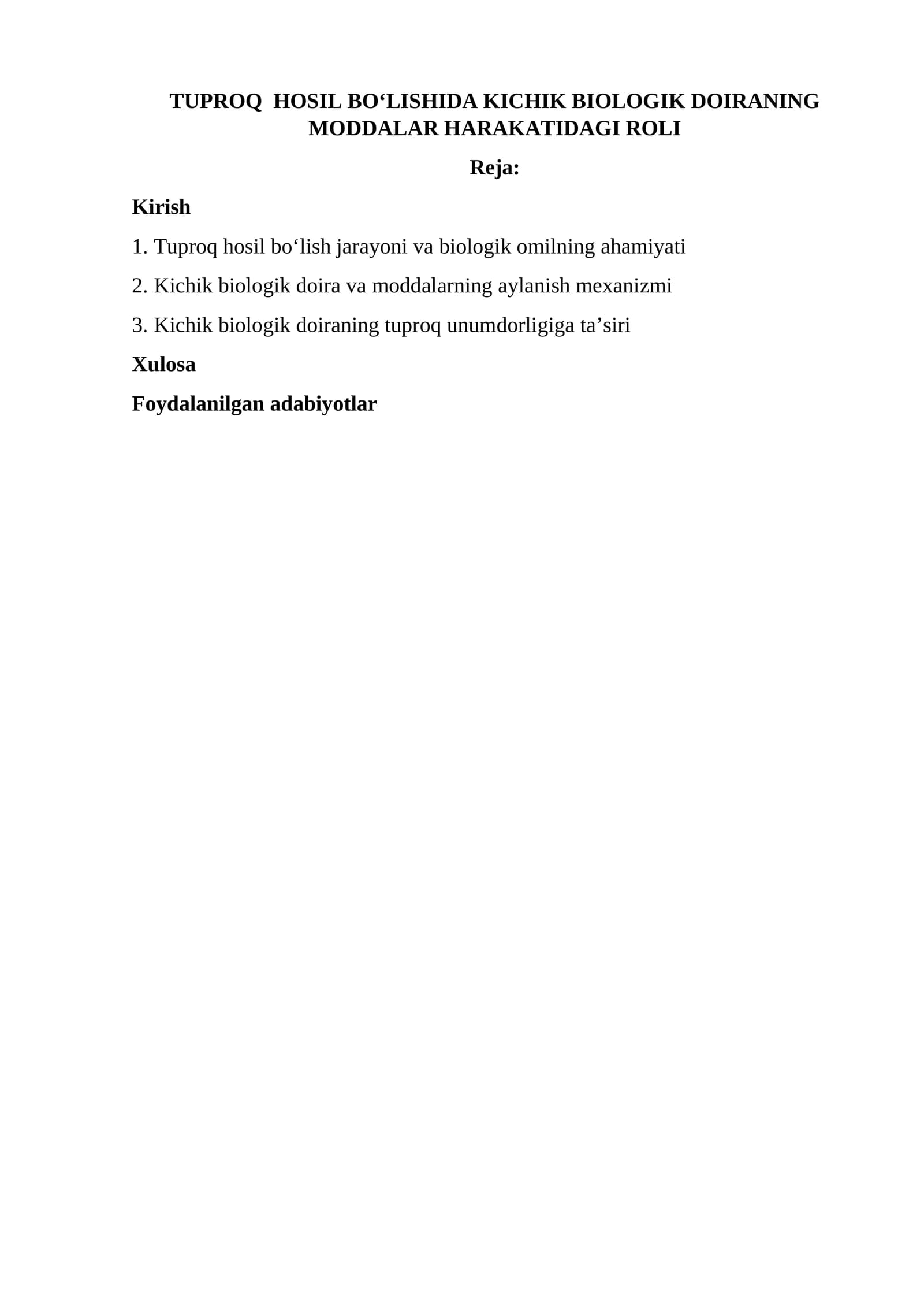 KICHIK BIOLOGIK DOIRANING MODDALAR HARAKATIDAGI ROLI