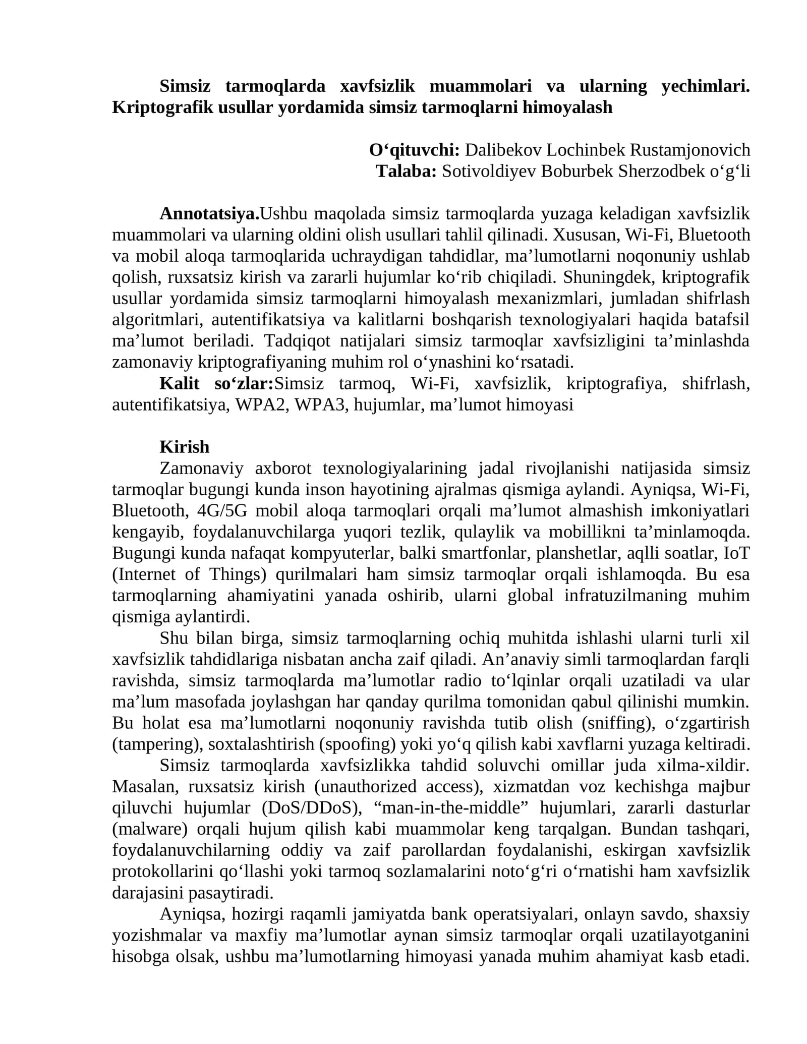 Simsiz tarmoqlarda xavfsizlik muammolari va ularning yechimlari. Kriptografik usullar yordamida simsiz tarmoqlarni himoyalash
