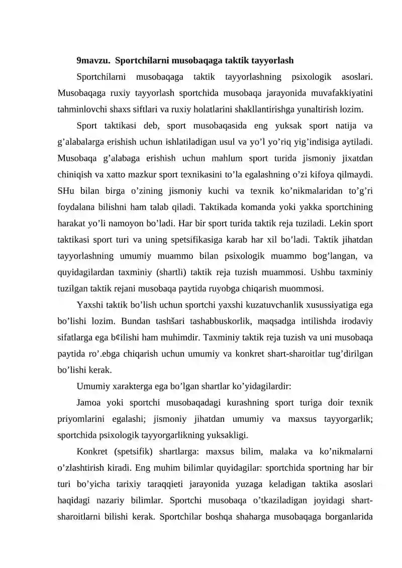 Sportchilarni musobaqaga taktik tayyorlash