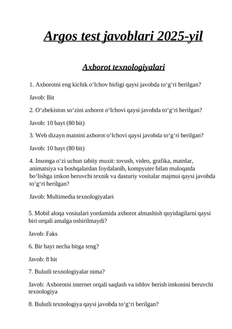 Argos test savol javobi bilan eng yangisi 2025 yil