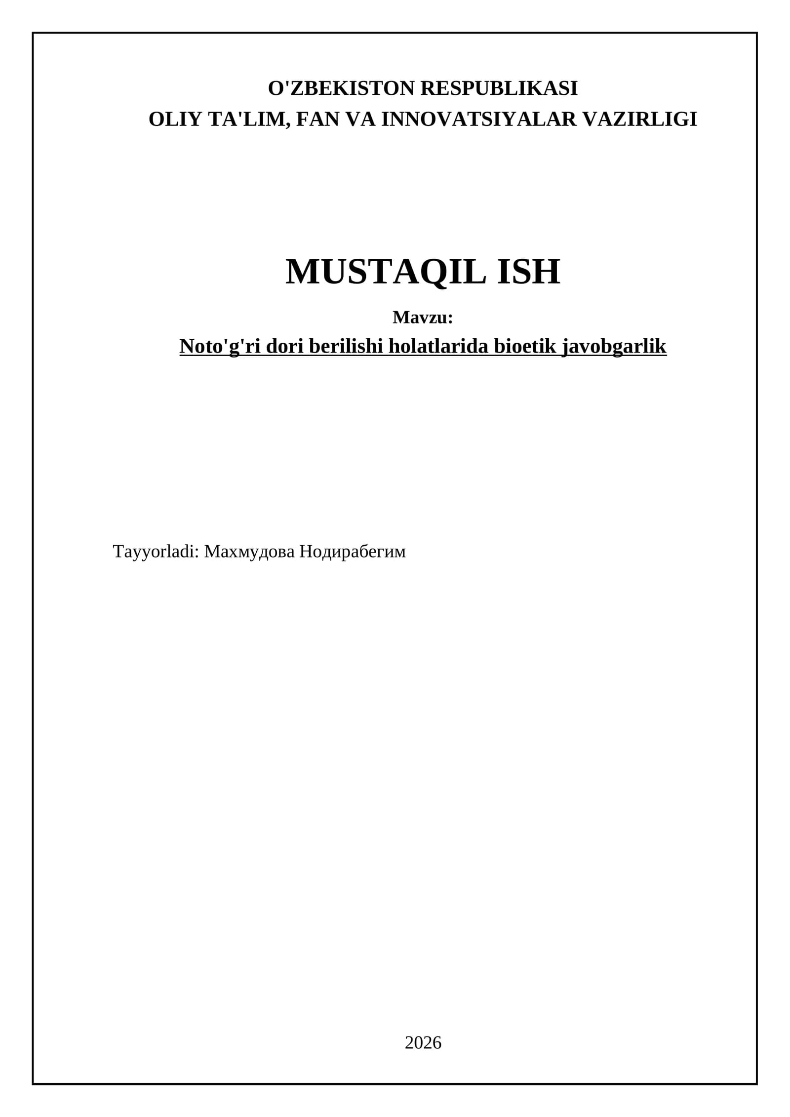 Noto'g'ri dori berilishi holatlarida bioetik javobgarlik
