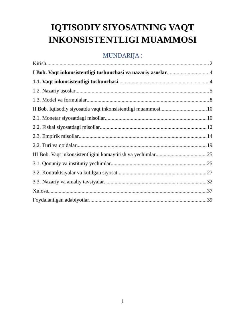 IQTISODIY SIYOSATNING VAQT INKONSISTENTLIGI MUAMMOSI