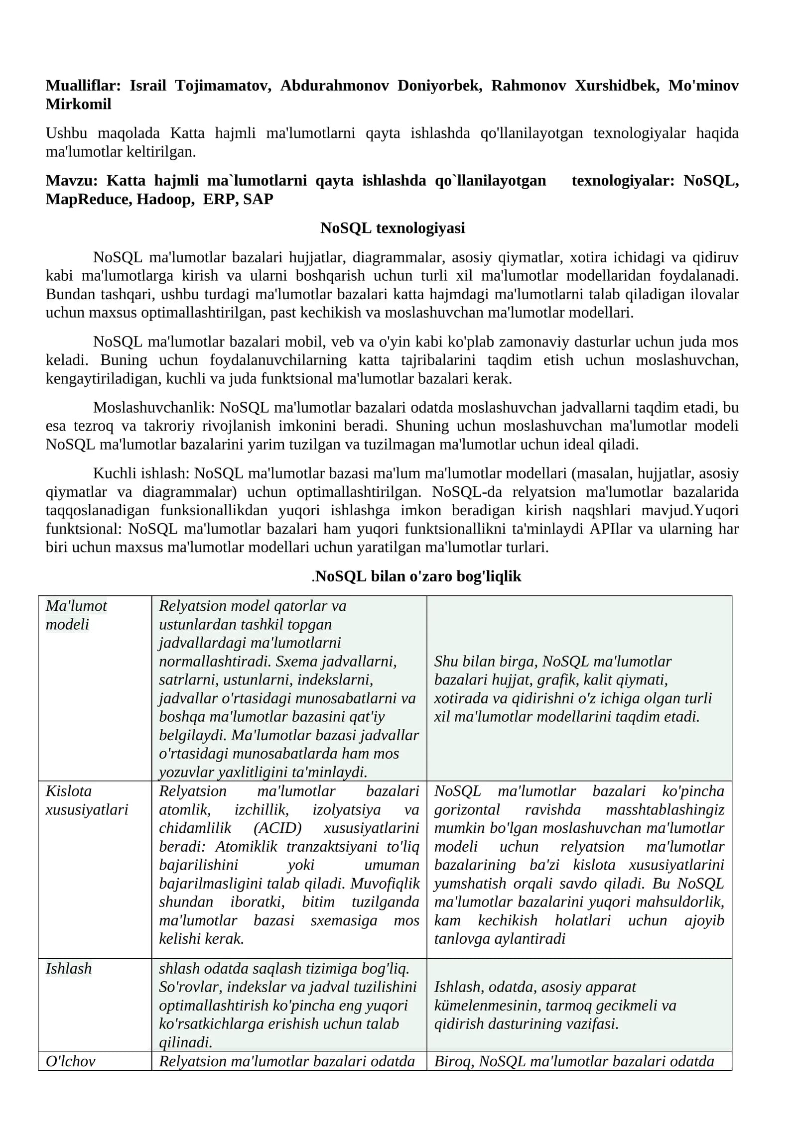 Katta hajmli ma`lumotlarni qayta ishlashda qo`llanilayotgan texnologiyalar: NoSQL, MapReduce, Hadoop, ERP, SAP