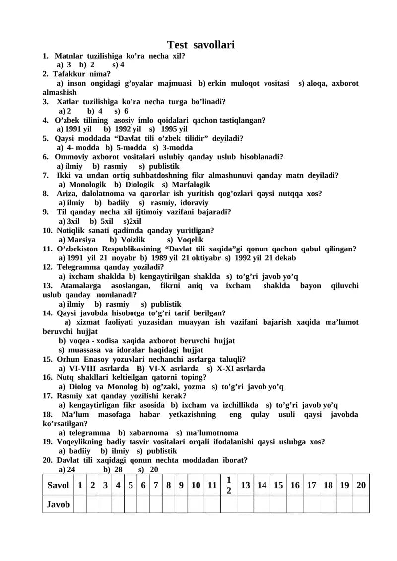 Davlat tilida ish yuritish fanidan testlar