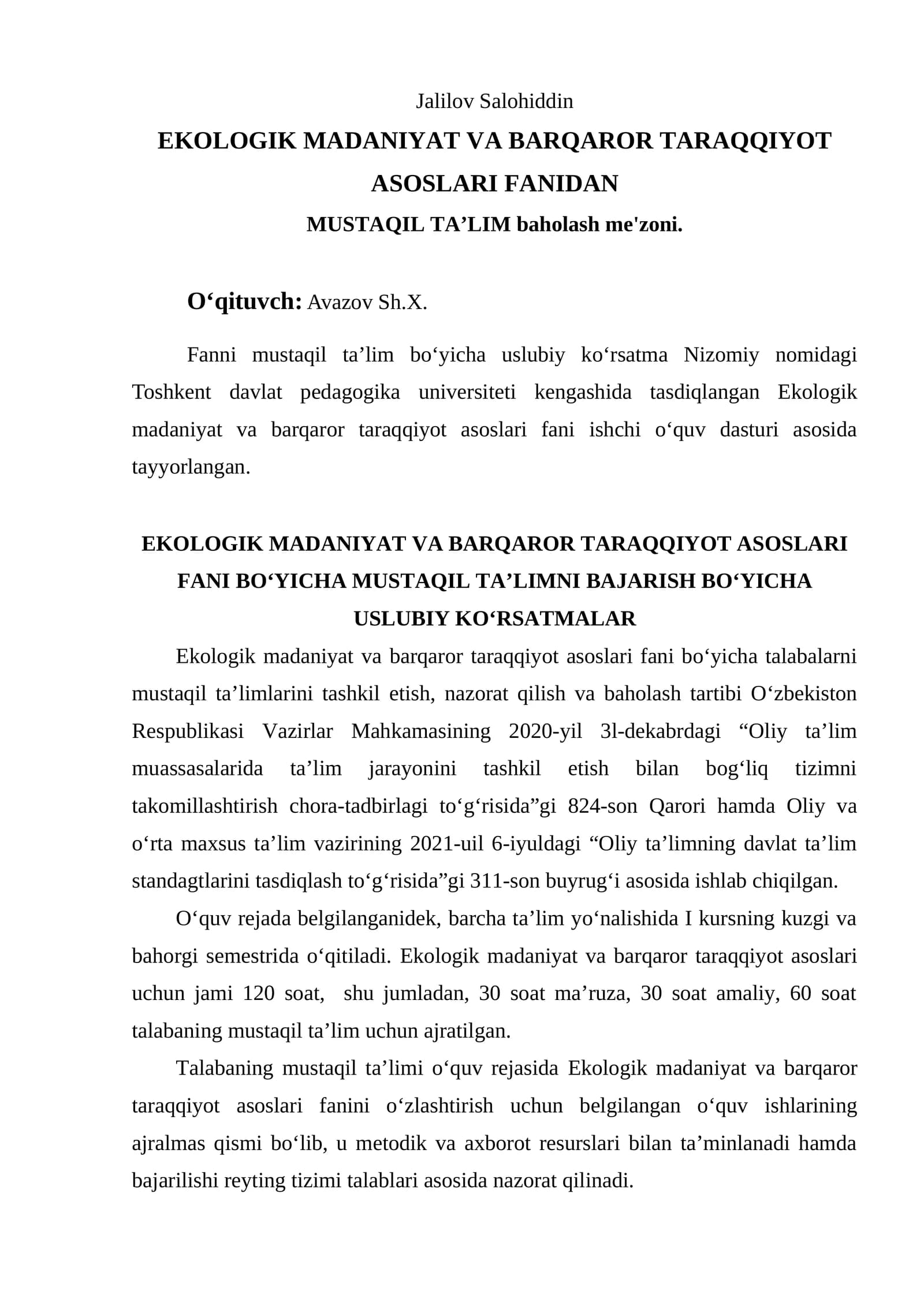 Ekologik madaniyat va barqaror taraqqiyot asoslari fani