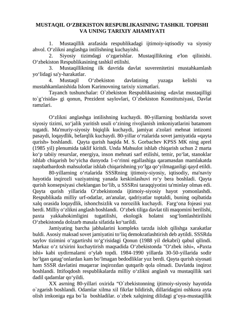 Mustaqil O‘zbekiston Respublikasining Tashkil Topishi va Uning Tarixiy Ahamiyati