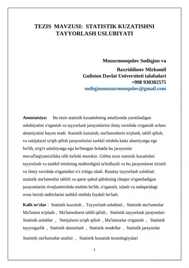 Statistik Kuzatishni Tayyorlash Uslubiyati
