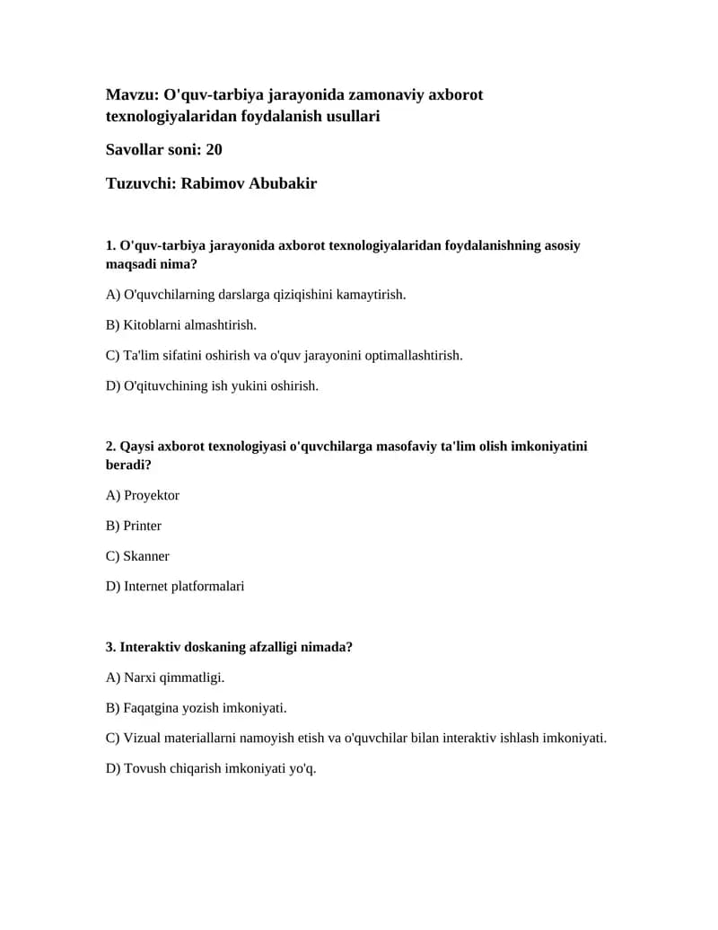 O'quv-tarbiya jarayonida zamonaviy axborot texnologiyalaridan foydalanish usullari