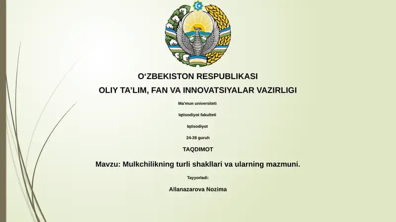 Mulkchilikning turli shakllari va ularning mazmuni