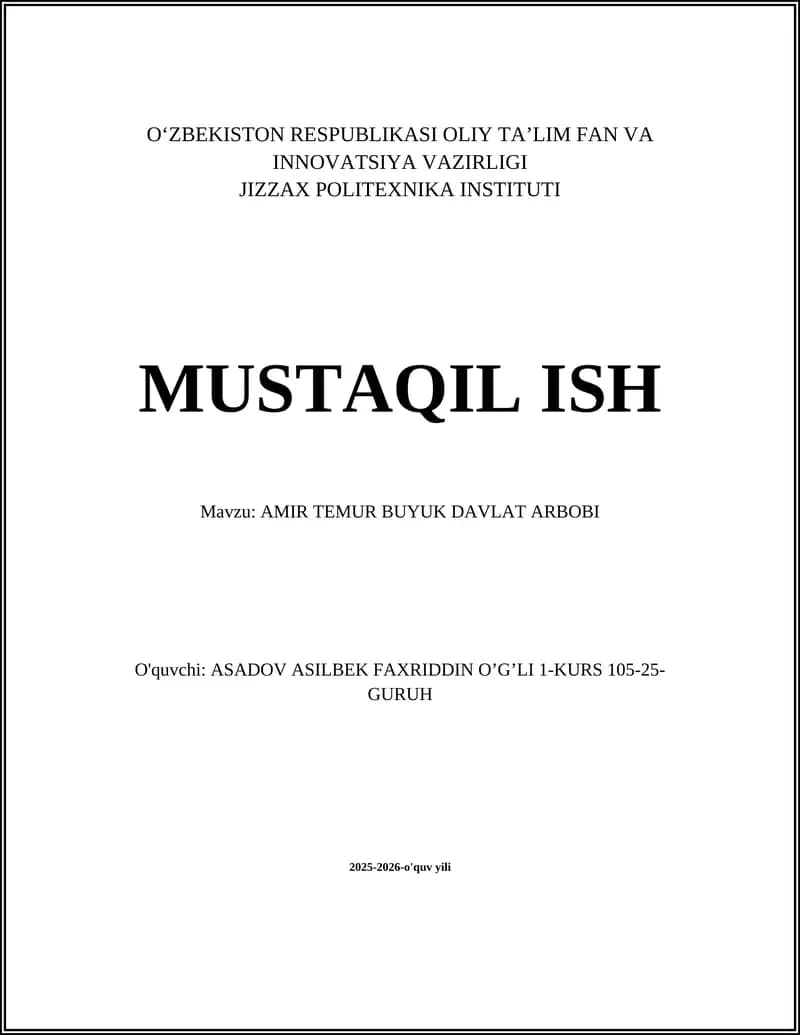 AMIR TEMUR BUYUK DAVLAT ARBOBI